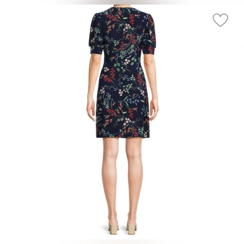 Tommy Hilfiger A-Line Dress 10 NWT Navy Blue Dark Floral Stretch Puff Sleeve - Picture 3 of 9